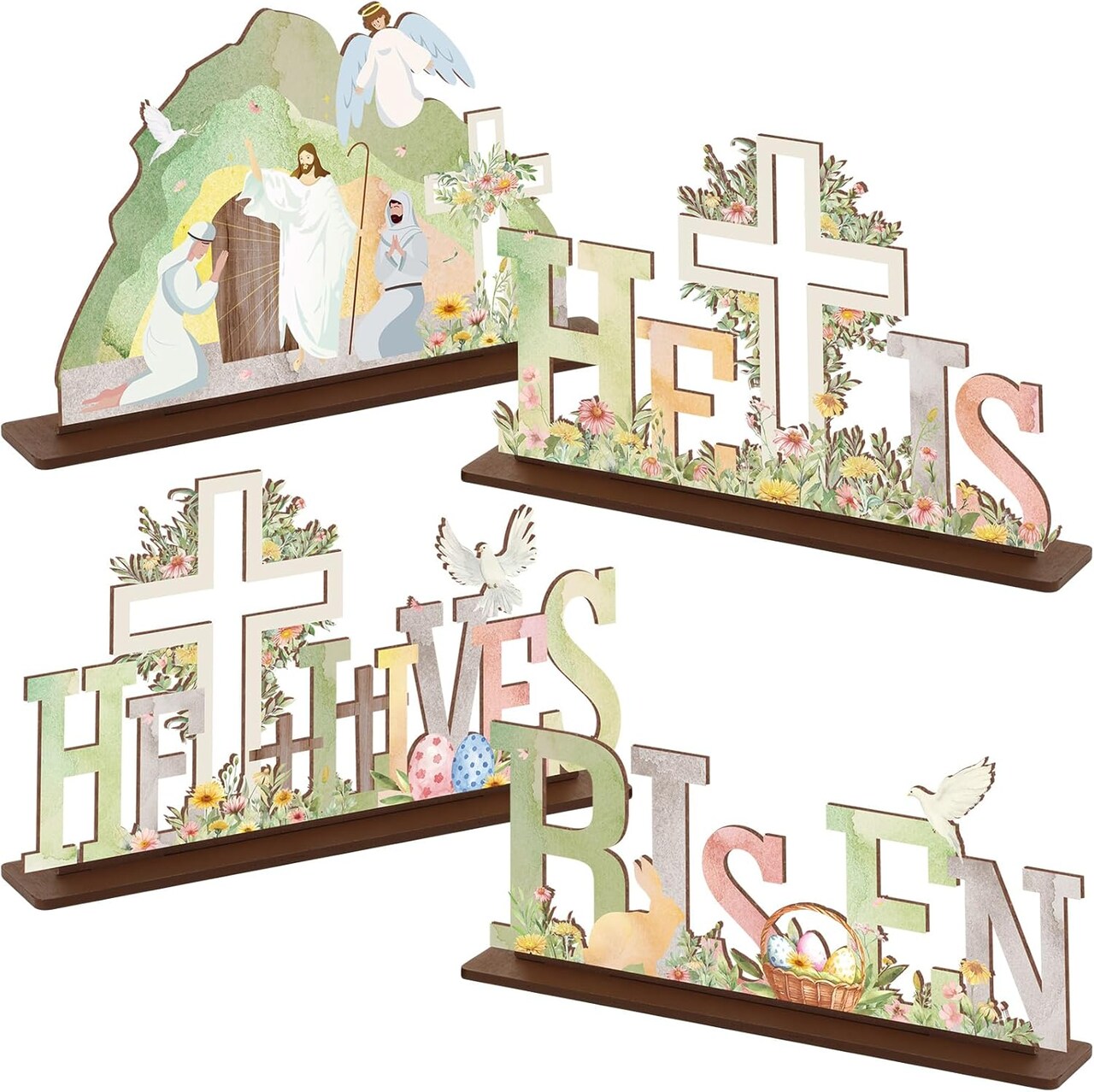 4 Pcs Easter Table Decoration He is Risen Tabletop Decor Easter Resurrection Scene Wooden Sign Flower Jesus Cross Sign Spring He Lives Table Centerpiece for Easter Religious Decor